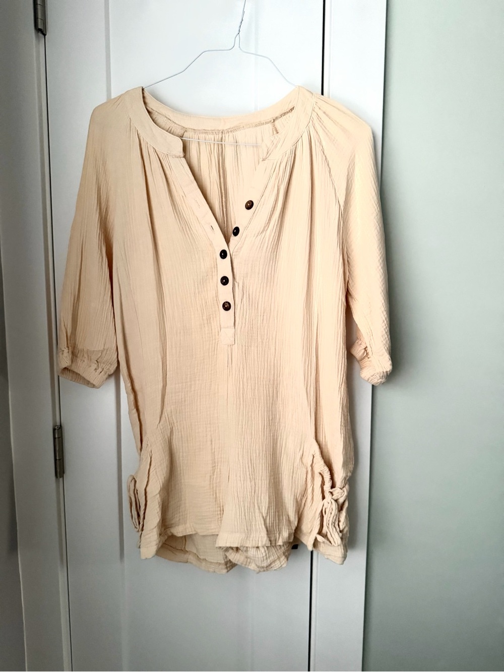 100% Cotton Gauze Romper (Button-Down, 1/2 Sleeve) (Cream Natural | S-M)